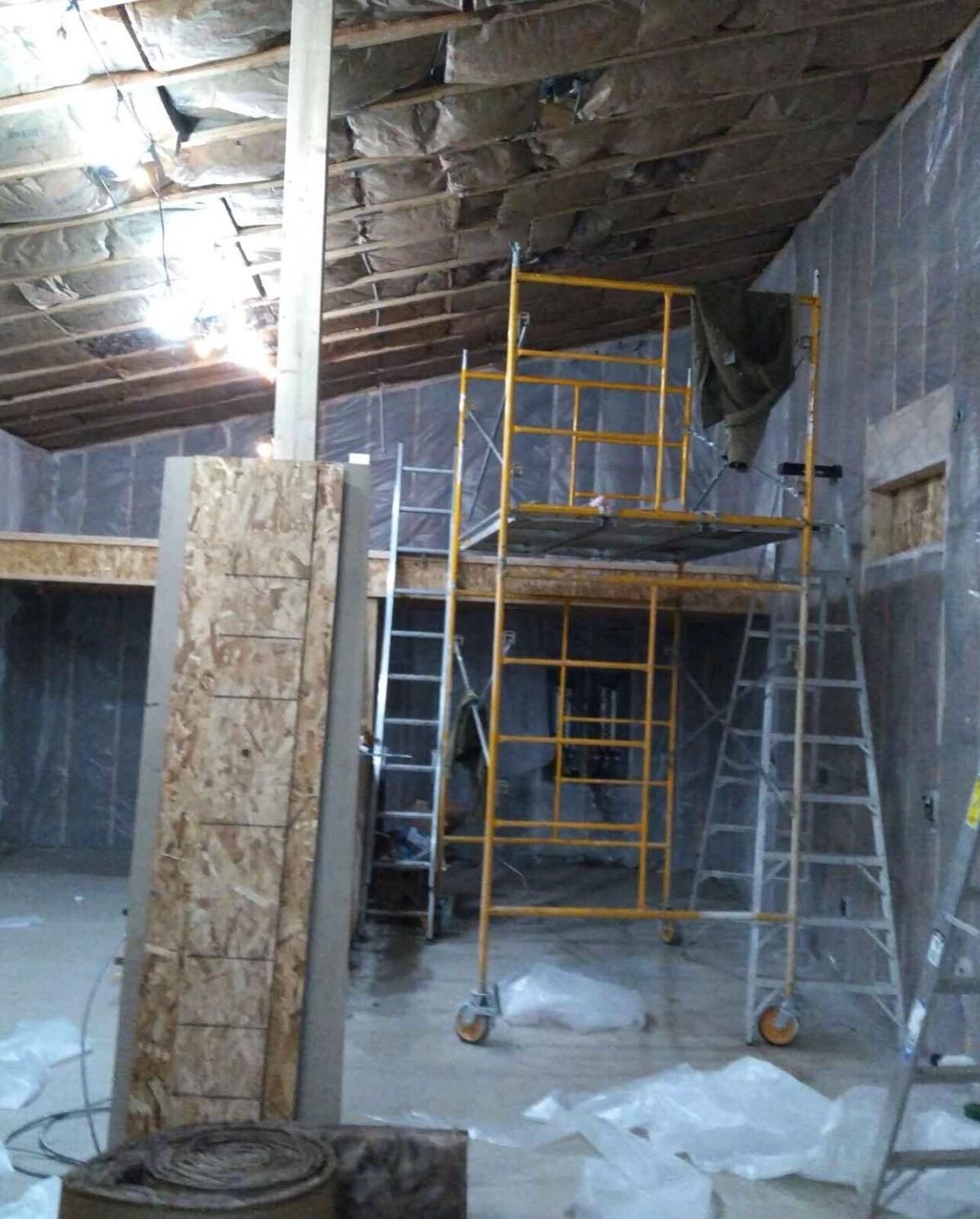 Scaffolding inside a commercial building during a remodel