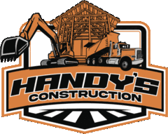 Handy's Construction logo — excavator, framed building and dump truck